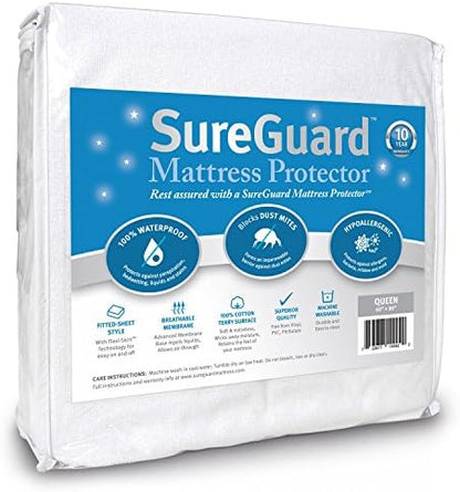  Queen Size Mattress Protector - 100% Waterproof, Hypoallergenic - Premium Fitted Cotton Terry Cover