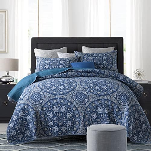  MaiuFun Cotton Bedspread Quilt Sets Queen/Full Size, Retro Blue/Purple Classical Striped Bohemian Floral Patchwork Patterns, 3-Piece Bedding Coverlet For All Season (1 Quilt + 2 Pillow Shams)