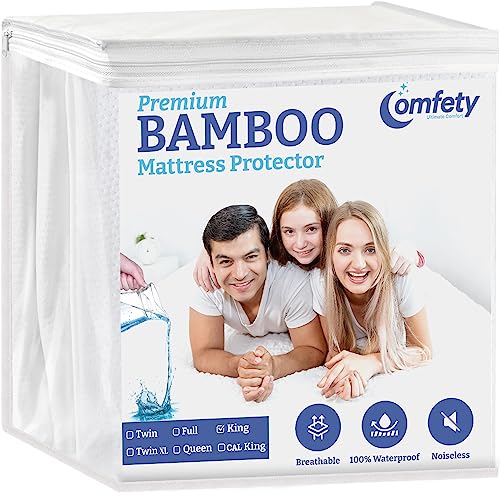  100% Waterproof Mattress Protector King Size Bed - Luxury Soft Bamboo Mattress Protector - Ultra Leak-Proof Shield Mattress Cover - Hypoallergenic, Breathable, Crinkle Free & Noiseless Mattress Cover
