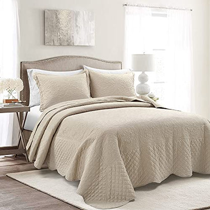  Medallion Scallop 5 Piece Bedspread Set, Queen, Neutral