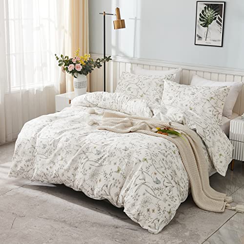  Jolusere White Botanical Floral Duvet Cover Set Queen Size 100% Cotton Plants Flower Blossom Printed Comforter Cover Modern Rustic Flower Comforter Quilt Cover With Zipper And Closure 3 Pieces Bed Set