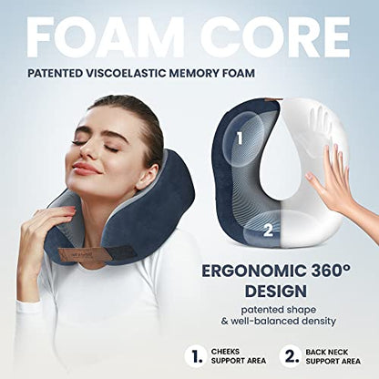  Neck Travel Pillow + Sleep Eye Mask + Ear Plugs + Bag, Soft Memory Foam, Blue Cover Washable | Journey Accessories Set: Airplane Car Bus Train Travelling Camping Gift Plane Flight Man Women Kids