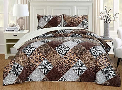  GrandLinen 3 Piece (California) Cal King Size Brown Black White Animal Print Safari Comforter Set. Leopard, Zebra, Cheetah Winter Micro Fur Bedding With Sherpa Backing