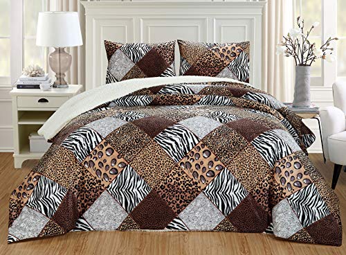  GrandLinen 3 Piece (California) Cal King Size Brown Black White Animal Print Safari Comforter Set. Leopard, Zebra, Cheetah Winter Micro Fur Bedding With Sherpa Backing
