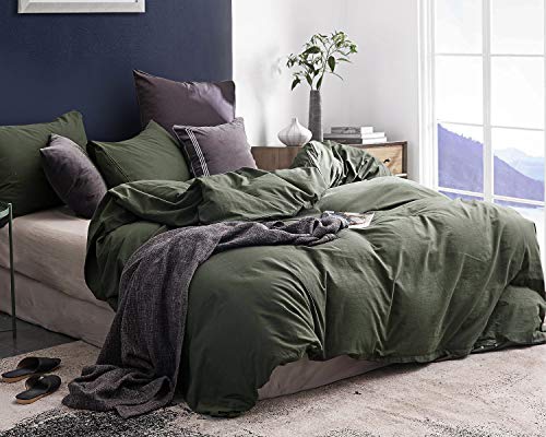  3 Pieces Duvet Cover Set Queen 100% Washed Cotton 1 Duvet Cover With Zipper And 2 Pillowcases, Ultra Soft And Easy Care Breathable Cozy Simple Style Bedding Set (Avocado Green)