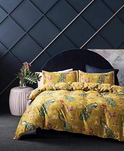  Eikei Chinoiserie Chic Peacock Floral Duvet Cover Paradise Garden Botanical Bird And Tree Branches Vintage Stylized Long Staple Cotton Bedding Set (King, Citrine)