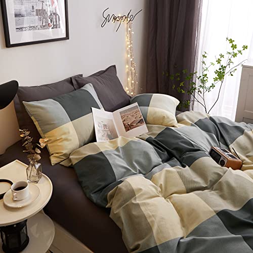  Cotton Full Queen Duvet Cover Simple Style Geometric Comforter Quilt & Pillow Protector Cover Sets 3 Pieces Khaki Black Beige Checkered Plaid Bedding Sets, 1 Queen Duvet Cover & 2 Pillow Shams