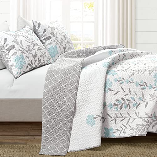  Lush Decor Yellow Aprile Reversible Quilt 3 Piece Floral Leaf Design Bedding Set, King, Blue & Gray