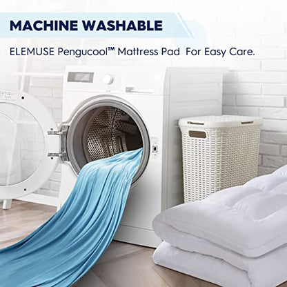  ELEMUSE Cooling Blue Queen Dual Layer Mattress Pad Cover, Cool-to-Touch Fitted Sheet Plus Soft Mattress Topper For Hot Sleepers, Supportive Pillowtop Mattress Protector With Fluffy Filling