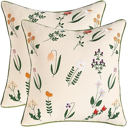  Tosleo Farmhouse Pink Tulip Embroidered Decorative Throw Pillow Covers 18x18 Set Of 2 Flowers Tufted Pillow Cushion Cases Square Floral Cotton Pillowcases For Wedding Sofa Couch Bedroom Living Room