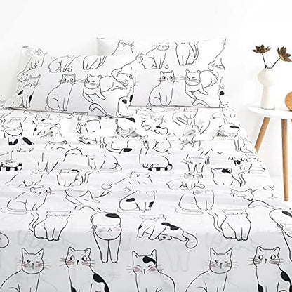  Wake In Cloud - Cats Sheet Set, 100% Cotton Bedding, White With Cats Drawing Pattern Printed (4pcs, Queen Size)