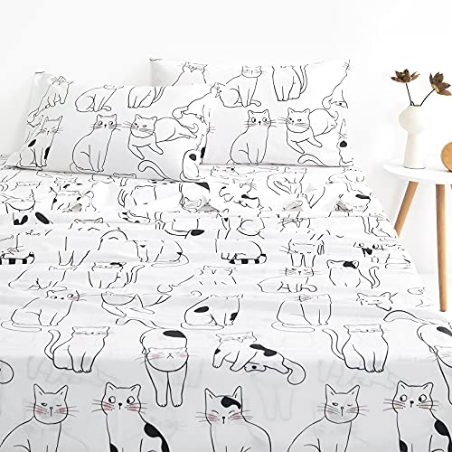  Wake In Cloud - Cats Sheet Set, 100% Cotton Bedding, White With Cats Drawing Pattern Printed (4pcs, Queen Size)