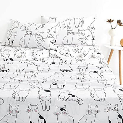  Wake In Cloud - Cats Sheet Set, 100% Cotton Bedding, White With Cats Drawing Pattern Printed (4pcs, Queen Size)