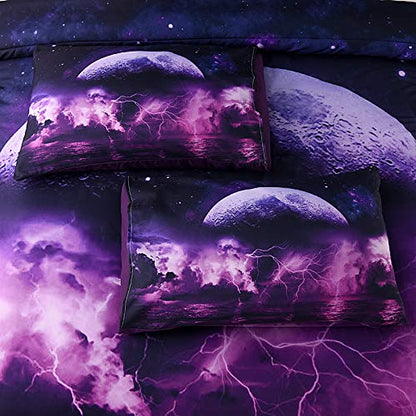  Holawakaka Galaxy Comforter Set, Queen Size Moon Sea Lightning Printed Quilted Bedding Set Bedspread (Purple Moon Sea, Queen)…