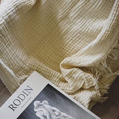  Cotton Muslin Blanket 4-Layer Ivory Blankets For Adult 79 X 83 Inch Extra Large Lightweight Soft Breathable Throw Comfort Blanket All Season