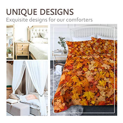  BlessLiving Fall Color Leaf Comforter Set Queen Set 3 Piece Maple Bedding Sets With Orange Comforter Autumn Leaves Bedspread 3D Nature Art Quilted Set, Soft Lightweight Full/Queen Bed Set