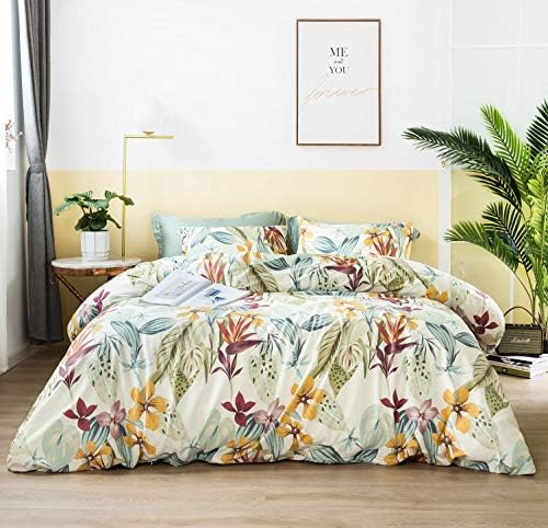  SUSYBAO Vintage Floral Duvet Cover King 100% Egyptian Cotton Garden Botanical Duvet Cover 3 Pieces Set 1 White Flower Duvet Cover With Zipper Ties 2 Pillowcases Luxury Ultra Soft Retro Plant Bedding