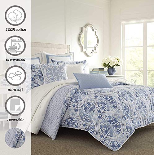  Laura Ashley Comforter Set Reversible Cotton Bedding With Matching Shams, Stylish Home Decor For All Seasons, Queen (Pack Of 1), Blue