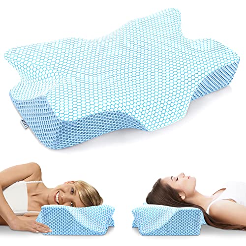  Cervical Memory Foam Pillows For Neck Pain, Neck Pillows For Pain Relief Sleeping, Contour Orthopedic Pillow For Side Back Stomach Sleeper - Blue, Firm