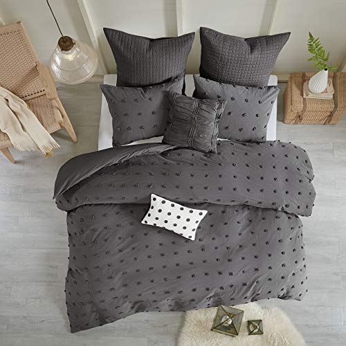  Duvet Set 100% Cotton Jacquard, Tufts Accent, Shabby Chic All Season Cover For Comforter, Matching Shams, Decorative Pillows, Full/Queen (88 In X 92 In), Charcoal 7 Piece