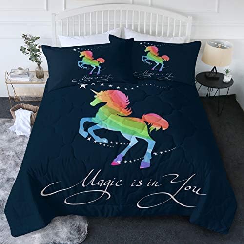  BlessLiving 3 Piece Unicorn Comforter Set With Pillow Shams Cartoon Unicorn Bedding Set With 3D Printed Designs Reversible Comforter Full/Queen Size Bedding Sets, Rainbow