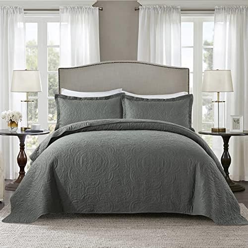  HoneiLife Bedspread Quilt Set King - 3 Piece Embroidered Corduroy Bedspreads Luxurious Coverlet Lightweight Bedcover Warm Bedding Set All Season Quilts-Taupe, King Size