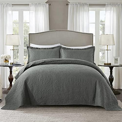  HoneiLife Bedspread Quilt Set King - 3 Piece Embroidered Corduroy Bedspreads Luxurious Coverlet Lightweight Bedcover Warm Bedding Set All Season Quilts-Taupe, King Size