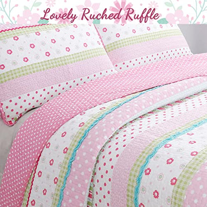  Cozy Line Home Fashions Pink Ruffle Flowers Polka Dot Girl 100% Cotton Reversible Quilt Bedding Set, Coverlet, Bedspread For All Seasons (Twin - 2 Piece)