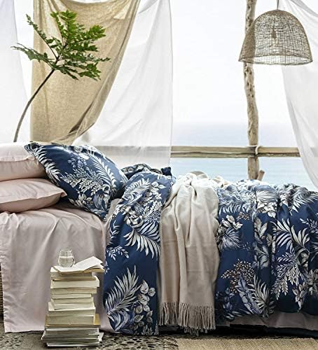  Eikei Midnight Blue Botanical Print Duvet Quilt Cover Egyptian Cotton Bedding Set Modern Luxury Minimal Palm Leaf Dark Charcoal Navy Ocher Floral Watercolor Design 120x98 (Mustard Yellow, Super King)