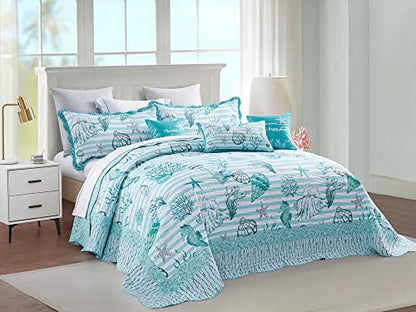  HZ&HY Coastal Oversized King Bedspread 128x120 Extra Wide, Lightweight Beach Bedding Nautical Quilt, Real Stitching, Reversible, 6 Piece, 100% Microfiber, King/California King, Shell