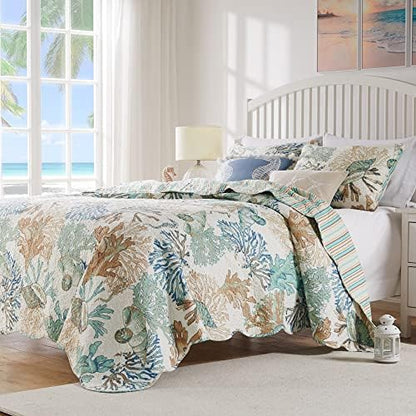  Barefoot Bungalow Atlantis Coastal Quilt Set, 3-Piece Full/Queen, Jade