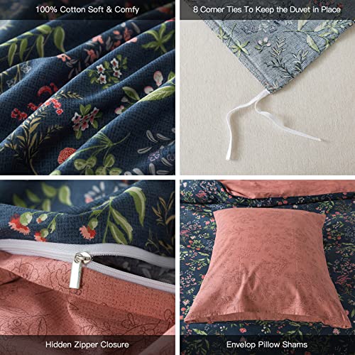  NEWLAKE Cotton Duvet Cover Queen Size - Soft Breathable Duvet Cover Set 3 Pieces With Zipper Closure, 1 Duvet Cover 90x90 Inches And 2 Pillow Shams, Navy Classic Floral Pattern
