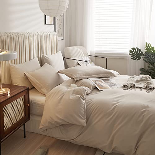  Queen Beige Duvet Cover Washed Microfiber Cream Beige Tan Khaki Quilt Cover Sets Queen Size 3 Pieces Tan Solid Color Bedding Sets (1 Queen Beige Duvet Cover And 2 Pillow Shams)