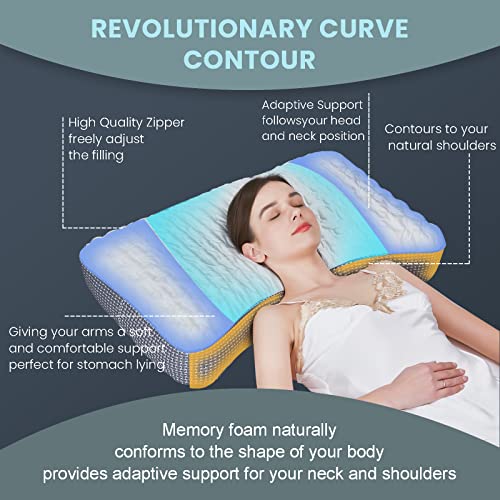  Tiooii Cooling Side Sleeper Pillow, Curved Pillow For Side Sleeper With Gusset,Adjustable Memory Foam Pillow With Washable Pillow Case(Queen Size)