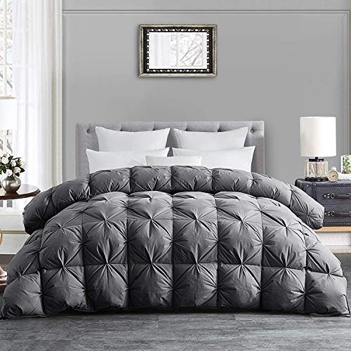  HOMBYS California King Feather And Down Comforter, 108 X 98 Inches Grey Pinch Pleat Cal King Size Duvet Insert With 100% Cotton Downproof Cover, Thick Fluffy Oversized Comforter For All Season