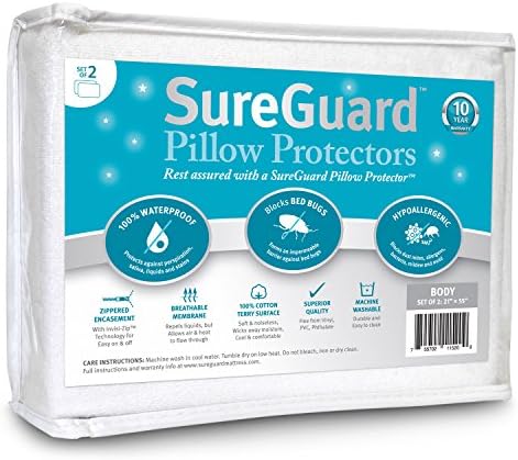  Of 2 Standard Size SureGuard Pillow Protectors - 100% Waterproof, Bed Bug Proof, Hypoallergenic - Premium Zippered Cotton Terry Covers