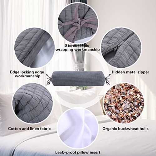 Adjustable Buckwheat Pillow With Washable Cotton Pillowcase, Neck Roll Pillow For Sleeping, Cylinder Cervical Pillow For Neck Pain Relief, Round Support Firm Buckwheat Husk Hull Pillows Grey