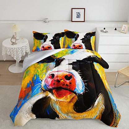  BSNTHO Cute Cartoon Cow Bedding Cot Bedding Set Tie Dye Comforter Set Queen Size 3D Bull Cattle Animal Comforter Set Farmhouse Cow Bedroom 1 Comforter 2 Pillowcase