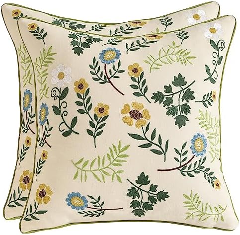  Tosleo Farmhouse Pink Tulip Embroidered Decorative Throw Pillow Covers 18x18 Set Of 2 Flowers Tufted Pillow Cushion Cases Square Floral Cotton Pillowcases For Wedding Sofa Couch Bedroom Living Room