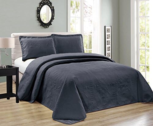  Beautiful Over Sized Solid Color Embossed Floral Striped 3 Piece Coverlet Bedspread (Queen/Full, Black)