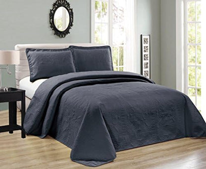  Beautiful Over Sized Solid Color Embossed Floral Striped 3 Piece Coverlet Bedspread (Queen/Full, Black)