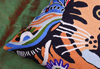  Kashmir Designs Cat Pillow Cover | Kitty Accent Pillow | Modern Cats Cushion | Colorful Cat Pillows | Cat Face On Pillow | Cat Lover Gift | Hand Embroidered Cushions | Wool Size - 18x18