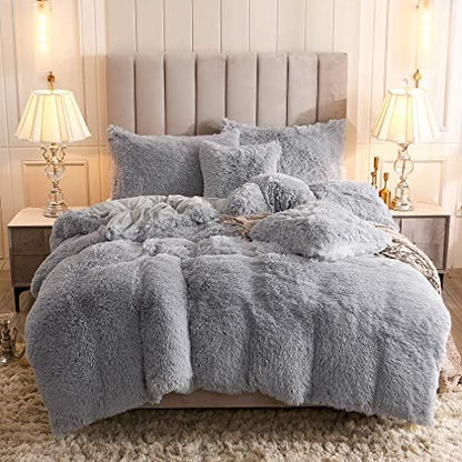 Faux Fur Velvet Fluffy Bedding Duvet Cover Set Down Comforter Quilt Cover With Pillow Shams, Ultra Soft Warm And Durable (Twin, Pink)