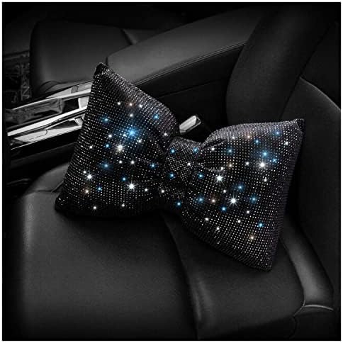  Happyera 1 Pack Bling Bling Rhinestones Bowknot Car Headrest Pillow, Crystal Lumbar Support Pillow, Neck Rest Pillow For Car, Head Neck Support For Pain Relief - White Waist Pillow
