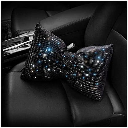  Happyera 1 Pack Bling Bling Rhinestones Bowknot Car Headrest Pillow, Crystal Lumbar Support Pillow, Neck Rest Pillow For Car, Head Neck Support For Pain Relief - White Waist Pillow