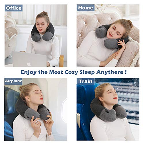  Kmall Inflatable Travel Neck Pillow For Airplane Travel Best Neck Support Sleep Travel Pillow With Super Comfort Pillow Case, Gray, 11.5x11.2x5.1 Inches