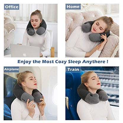  Kmall Inflatable Travel Neck Pillow For Airplane Travel Best Neck Support Sleep Travel Pillow With Super Comfort Pillow Case, Gray, 11.5x11.2x5.1 Inches