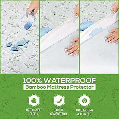  Premium Bamboo Waterproof Mattress Protector Twin 340 GSM, Fits 15 Inches Deep, Mattress Cover, Breathable, Fitted Style With Stretchable Pockets