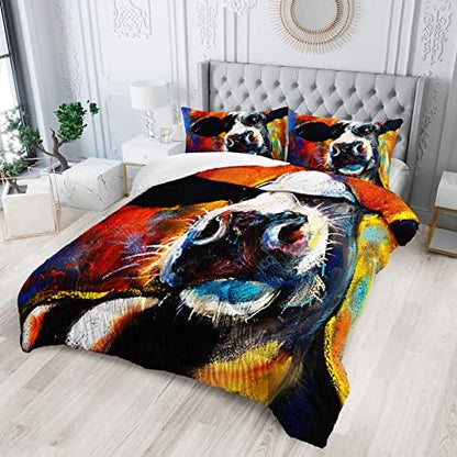  BSNTHO Cute Cartoon Cow Bedding Cot Bedding Set Tie Dye Comforter Set Queen Size 3D Bull Cattle Animal Comforter Set Farmhouse Cow Bedroom 1 Comforter 2 Pillowcase