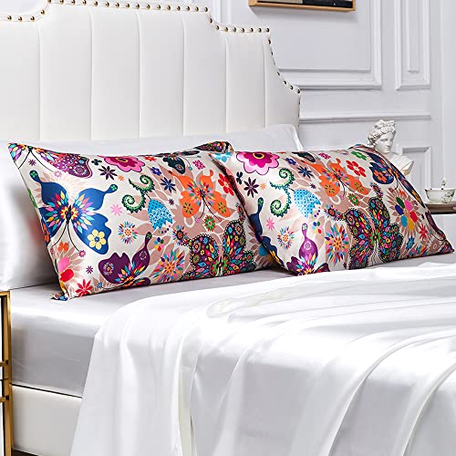  Satin Pillowcase For Hair And Skin,Pillowcases Standard Set Of 2,Silky Boho Pillow Covers 2 Pack Soft&Cozy Silk Satin Pillow Cases For Women 2 Pack With Envelope Closure(20x26,Butterfly)